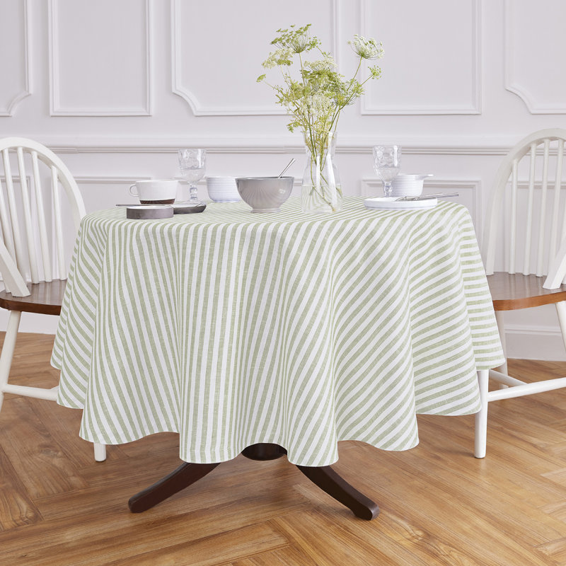 Amalfi Stripe - 100% Pure Linen Round Tablecloth, Sage/White, 60" Round