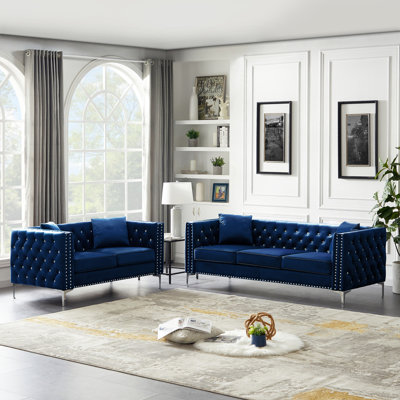 Ensemble de salon moderne en velours 2 pièces avec canapé et causeuse, accoudoirs carrés en cuivre et boutons capitonnés
