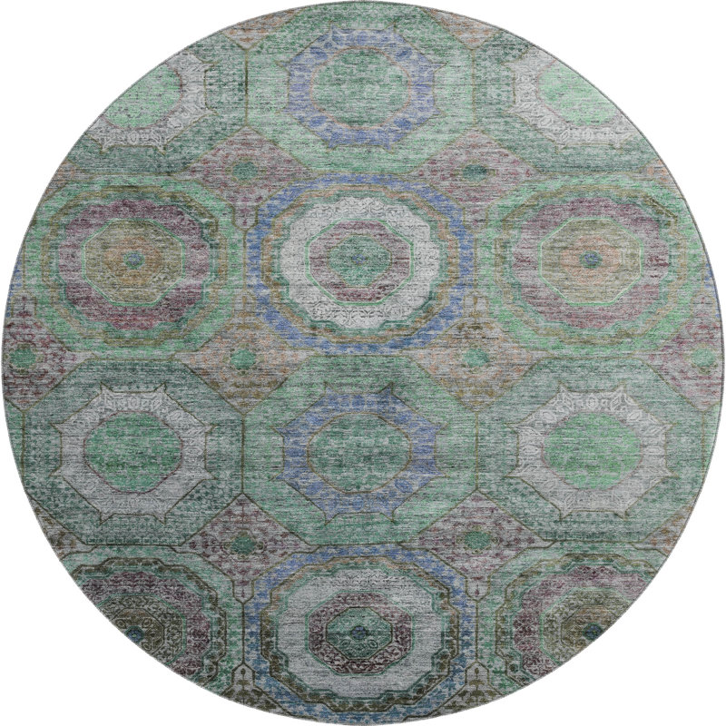 Premium Machine Washable Mayfield AMF2049 Panel Rug, Green, 8' Round