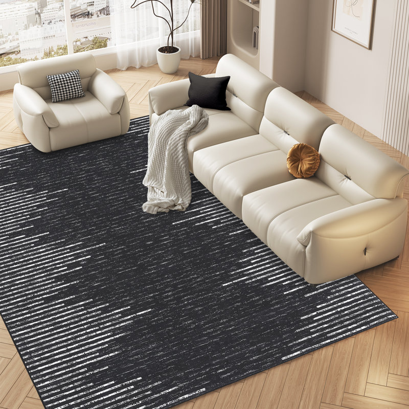 Modern Machine Washable Rug with Rubber Backing for Living Room Non-Slip Dining Room Rug Easy-Cleaning Floor Carpet for Bedroom Office Playroom_OKPHO_166K_Striped_Black
