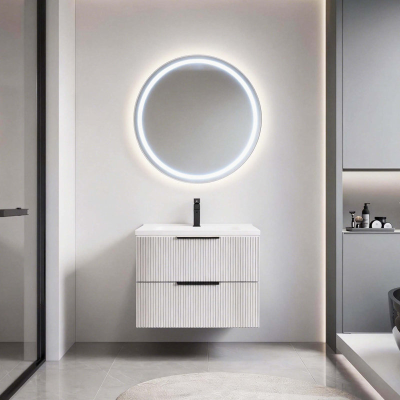 Meuble-lavabo flottant mural moderne avec lavabo en céramique, panneau cannelé et rangement de tiroir, Antique Grey, 30"