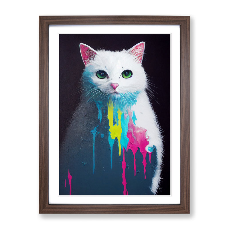 Cat Drips No.1 - Single Picture Frame Print, 46cm H x 34cm W x 2cm D, Walnut