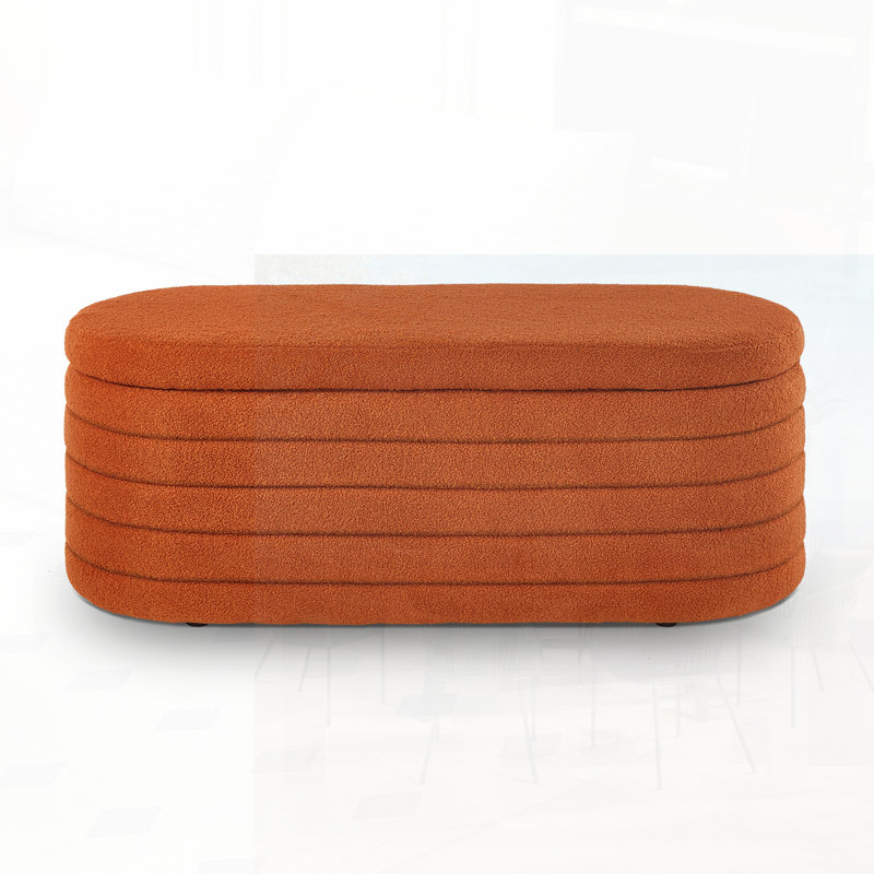 Modern Oval Storage Ottoman Bench, Upholstered Boucle Teddy Fabric with Hidden Compartment for Extra Seating and Storage