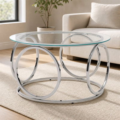Table basse ronde en verre transparent transparent avec cadre en métal chromé incurvé de 31,5 po pour salon de bureau