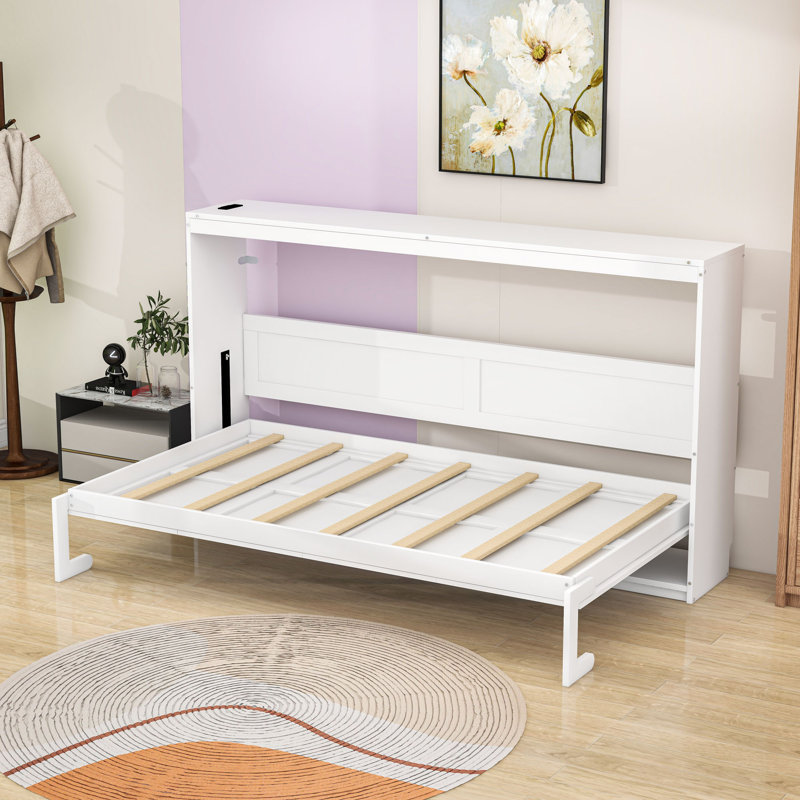 Lit escamotable en bois avec lumières DEL et station de charge, Lit simple, Blanc
