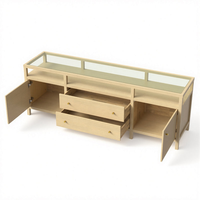 78'' Modern Solid Wood TV Stand With Clear Glass Top And Spacious Storage Cabinet