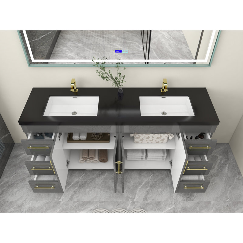Ensemble de meuble-lavabo double 72 po Campman, Gris ultrabrillant, Or mat