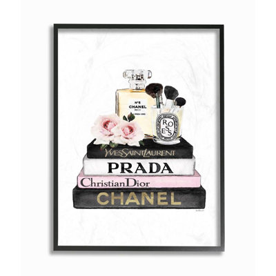Fashion Designer Flower Makeup Bookstack Black Pink Watercolor Framed Giclee Texturized Art by Amanda Greenwood