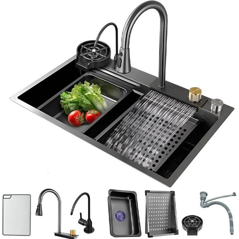 Ensemble d'évier de cuisine en acier inoxydable 29,5 "à simple cuve avec robinet rétractable