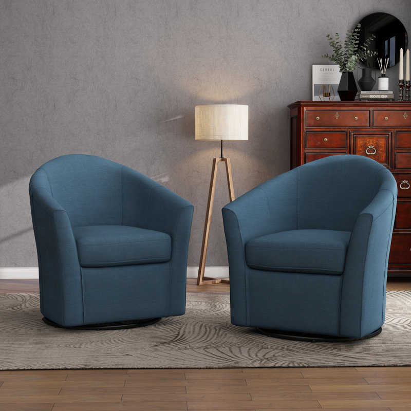 78Cm Wide Swivel Barrel Chair, Blue Linen Blend