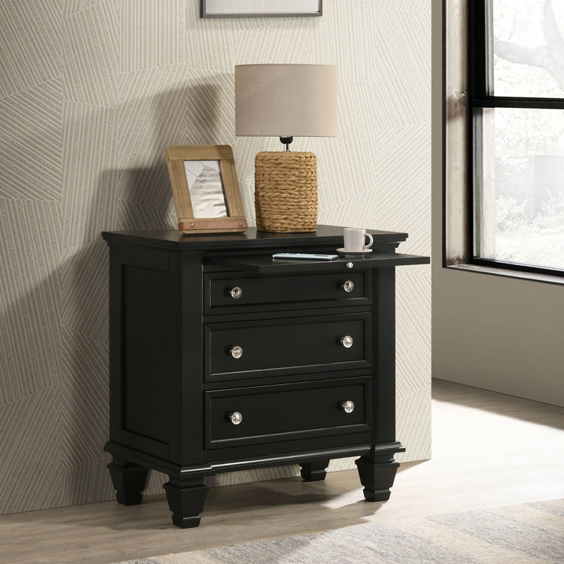 Table de chevet pour chambre à coucher avec 3 tiroirs en noir - plateau coulissant et plateau doublé de feutre pour plus de fonctionnalité