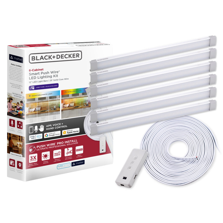 BLACK+DECKER Professional PUSH WIRE Matter Certified Smart Under Cabinet Lighting Kit, Adjustable White and RGB LEDs, Works with Alexa, Apple Home, Google Home, Six 12" Bars, 2-in-1 Power, Plug-in and Direct Wire Power Solution