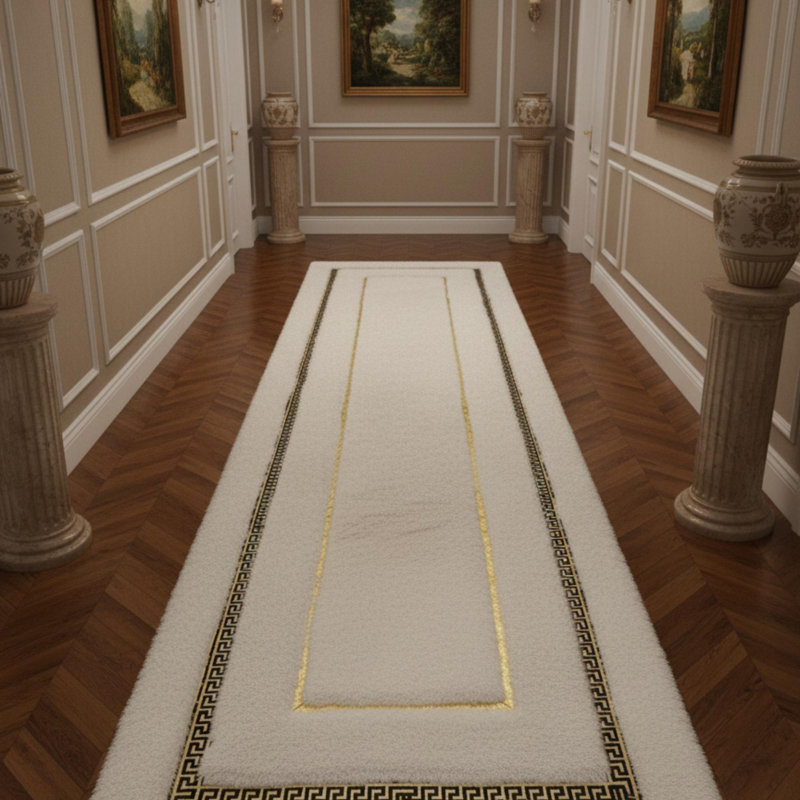 Tapis de couloir blanc et doré, tapis de couloir moelleux de luxe, tapis géométrique moderne, Rectangulaire 4 pi x 6 pi