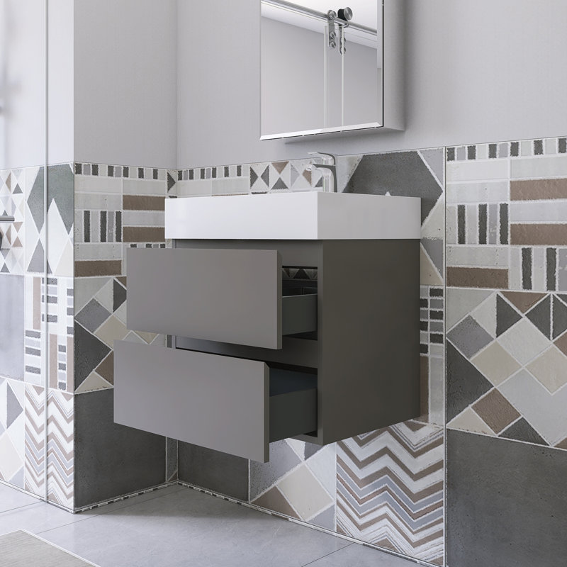 Meuble-lavabo simple 24 po avec plateau Kansiray, Blanc, Gris