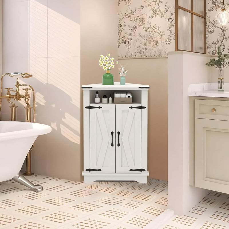 Petite armoire d'angle avec portes de grange, tablette réglable, table de salle de bain de ferme avec rangement, Blanc