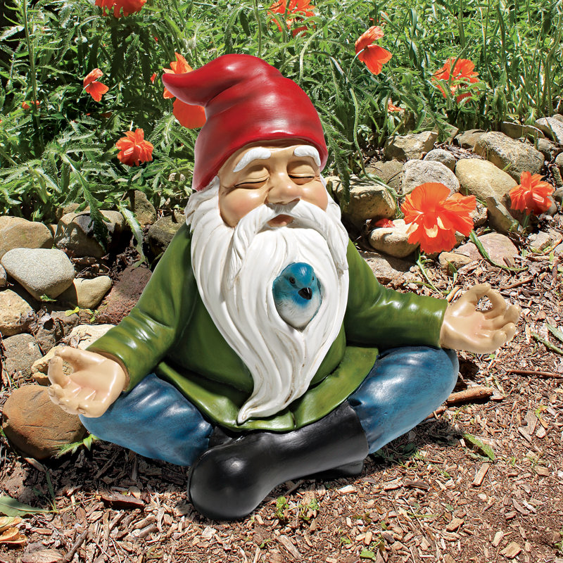 Whimsical Zen Garden Gnome Statue with Bird
