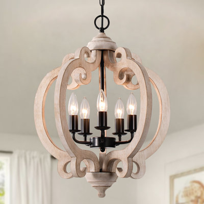 Rustic 5-Light 17.72" Walnut Wood Geometric Chandelier