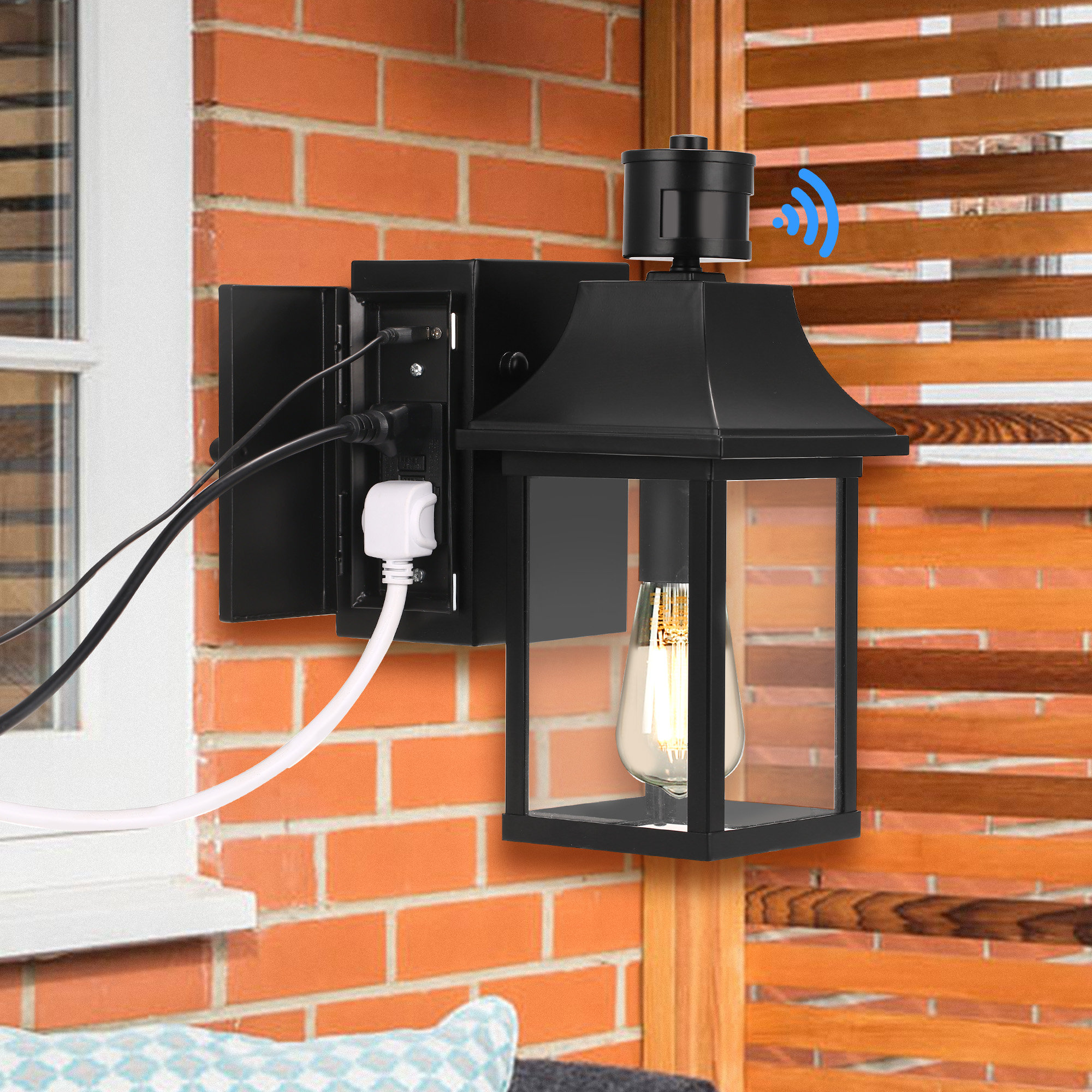 Arlmont  Co. Nyomie 1-Light Black Dusk to Dawn Motion Sensor Outdoor Wall  Lantern Sconce,Built-In GFCI and USB Outlets Wayfair