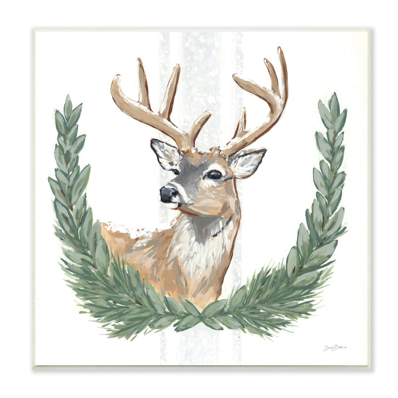 «Elegant Deer Antler Laurels Portrait fond blanc» par Sara Baker - dessin, H 12 po x l 12 po x P 1,5 po, Plaque murale