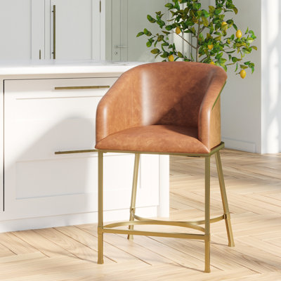26" Counter Height Stool, Tobacco Brown Faux Leather, Gold Frame, Comfortable Back, Kitchen Island Bar Countertop Adjustable Glides, Tall Table