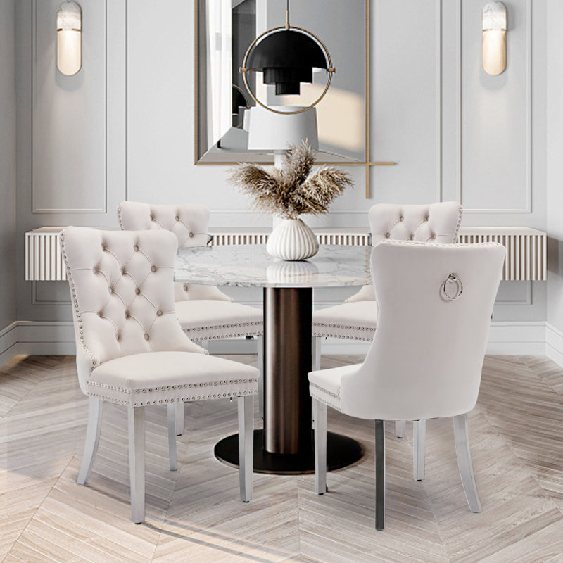 Ensemble de 4 chaises de salle à manger rembourrées en velours avec pieds argentés, Beige, Argent argent