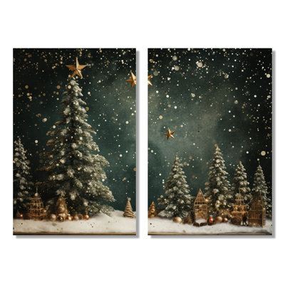 «Green Christmas Pine Tree Decor», ensemble de 2 impressions sur toile à motif floral vert