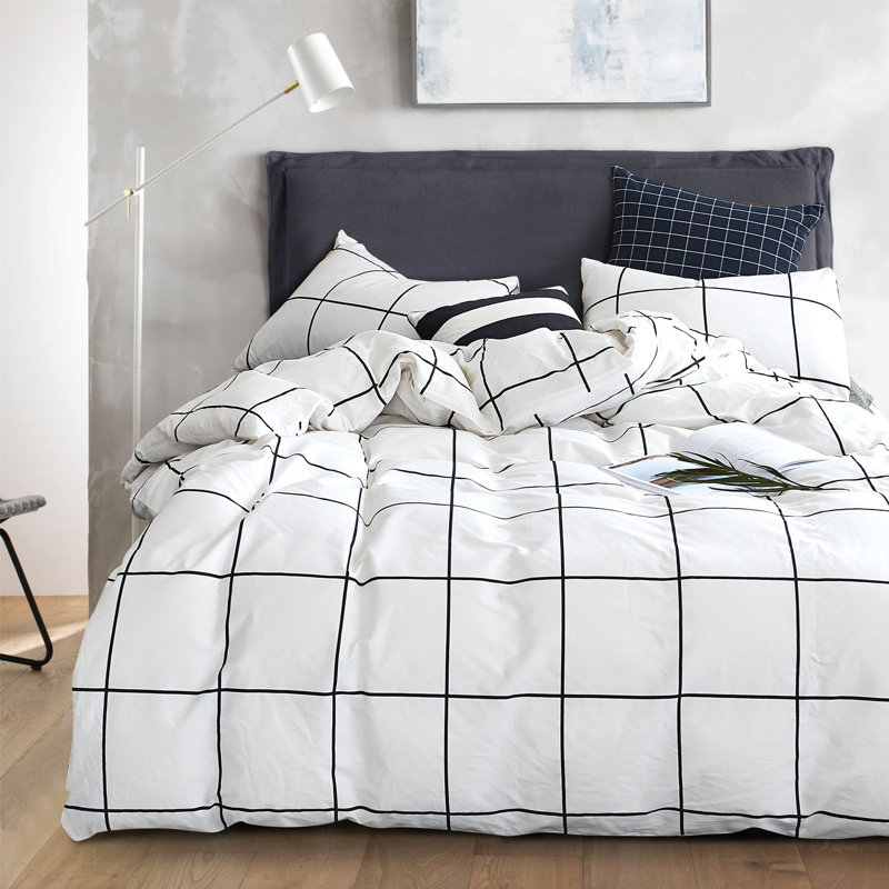 Grid Comforter Set Plaid Bedding Set 1 Checkered Comforter with Pillowcases, King Comforter + 2 King Pillowcases, White Grid