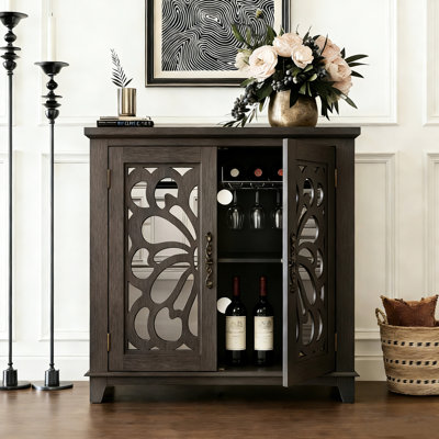 Élégante armoire décorative avec 2 portes en miroir en acrylique, stratifié brun sur support, tablettes de rangement spacieuses et réglables, papier décoratif grain de bois 3D, charmants motifs de papillons, idéal pour la cuisine