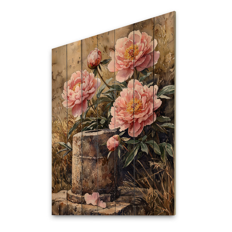 Pivoines par le puits de ferme II - décoration murale en bois de pivoines - sur bois de pin naturel