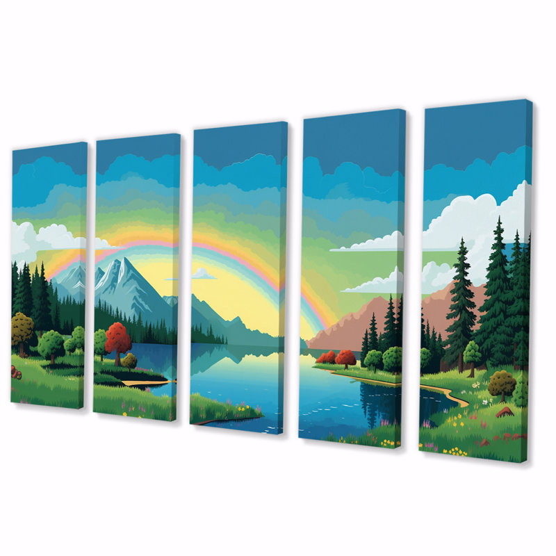 Conscience des montagnes, arc-en-ciel VI - Paysage mural, art mural, salon - 5 panneaux égaux