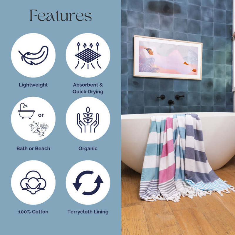 Chanyah Striped Peshtemal with Terry Cloth Lining, Luxe Bath or Beach Turkish Towel Made from 100% Organic Cotton , 68” x 37”