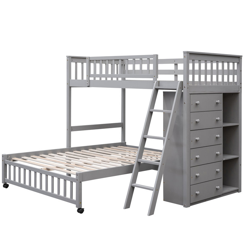 Lit superposé gris en bois gris avec six tiroirs, des options de tablettes et un cadre inférieur complet simple avec rangement pour tiroir