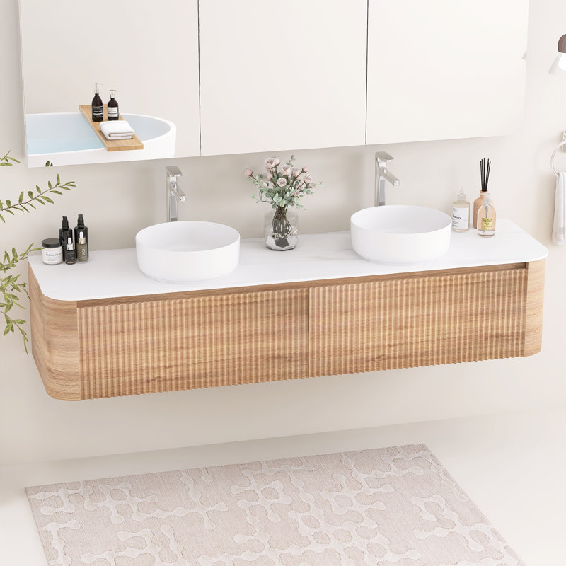 Meuble-lavabo mural 72 pouces avec double vasque en céramique, deux tiroirs et porte-serviettes, Honey Oak