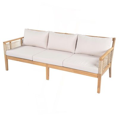 Patio Acacia Wood 3-Seater Sofa, Outdoor Hand Woven Rope Sofa With Cushions And Pillows For Garden, Backyard, Poolside