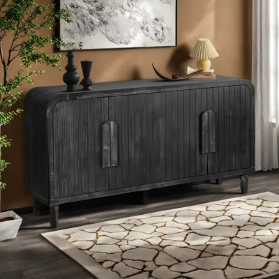 Buffet de rangement cannelé en bois avec sculpture verticale en grain de bois et tablettes réglables