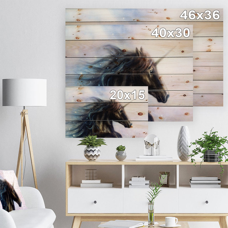 «Black Unicorn», impression, H 30 po x l 40 po x P 1,5 po, Bois