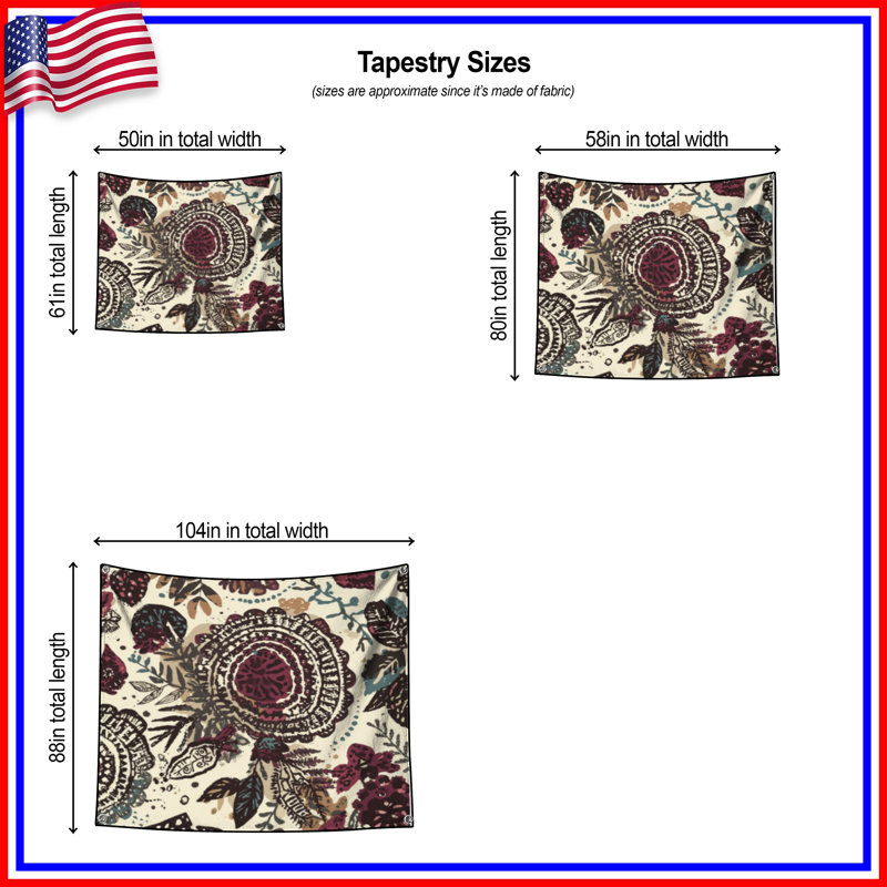 Tapisserie murale motif floral, 68in H x80in W with 4 Grommets