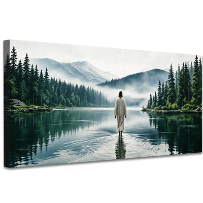 «Jesus Walking on Water», art mural chrétien sur toile avec paysage de lac de montagne pour salon, chambre à coucher ou salle de prière, galerie tendue, prête à être accrochée, (24 po x 47 po)