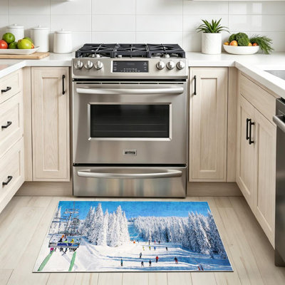 Blue Machine Washable,of Ski Slope People White Snow Pine Indoor Area Rug