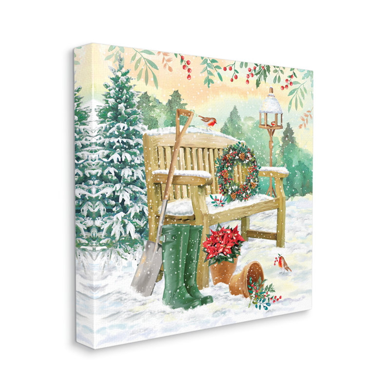 «Snowy Bench Seasonal Holly Plants» sur toile, H 17 po x l 17 po x P 1,5 po