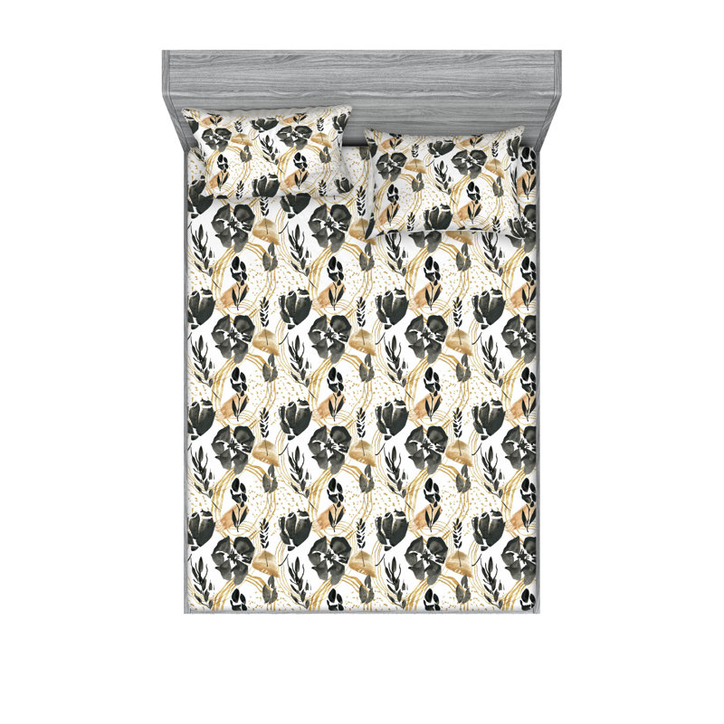 Ambesonne Fitted Sheet & Shams, Dark Gray/Pastel Brown Flower, King Sheet Set with 2 Pillowcases