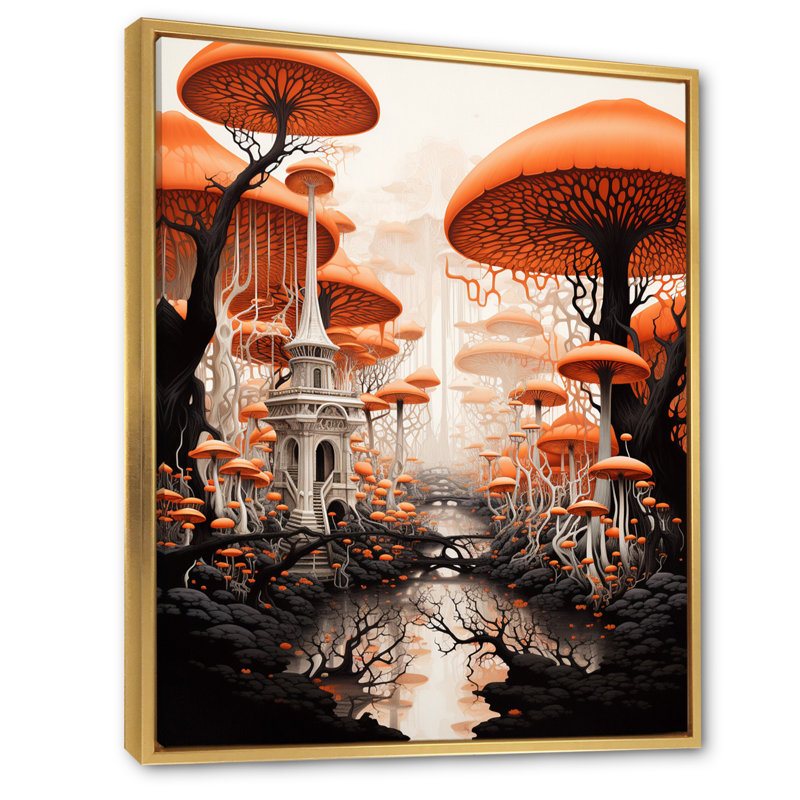 Magical Mushroom Vintage Landscape - impression, Cadre flottant doré, H 40 po x l 30 po x P 1,5 po