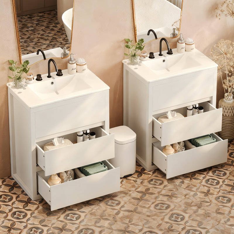Ensemble de meuble-lavabo double avec lavabos séparés, tiroirs pleine extension, glissières à fermeture en douceur pour des salles de bain pratiques et élégantes