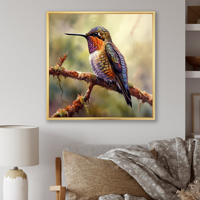 Colibri gracieux III sur toile, H 36 po x l 36 po, Cadre flottant doré
