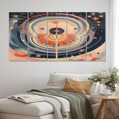 Cosmique naissance radiance rétro pastel VI - art mural abstrait spirales sur toile - 5 panneaux égaux