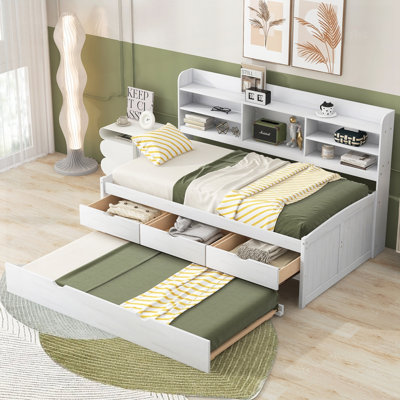 Wooden Captain Bed With Built-In Bookshelves And Three Storage Drawers And Trundle