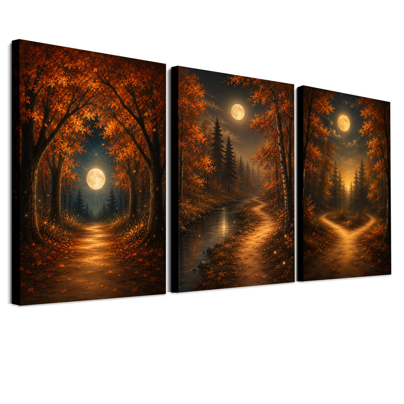 Chemin forestier doré d'automne sous un ensemble complet de 3 toiles murales d'Halloween, 36"H x 24"W x 3pcs