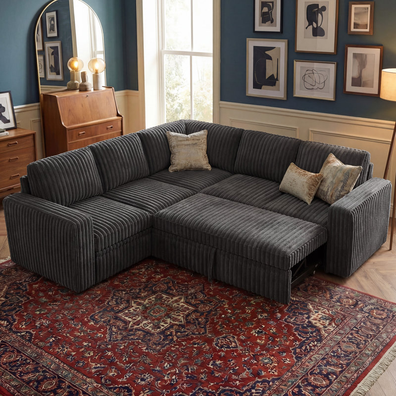 Hoelscher L-shaped Sleeper Sectional Upholstered Sofa Bed With Storage Space Gray, Gray
