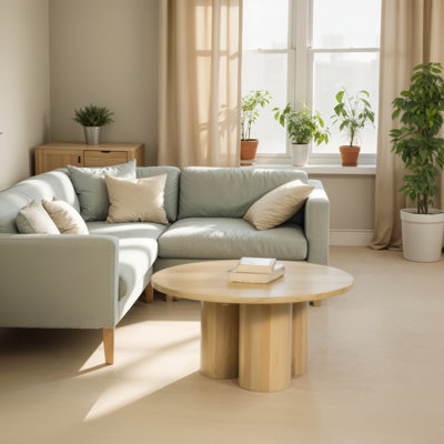 Table basse Hazel avec 3 pieds piliers, plateau rond de 35,5 po, bois de manguier brun naturel