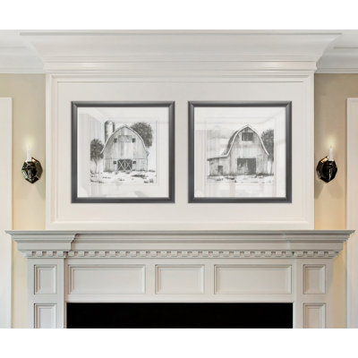 Black & White Barn I - Matted and Framed Under Acrylic Glass, Set of 2, Large Living Room Wall Art